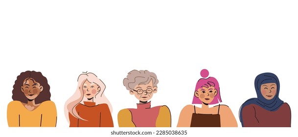 border from the faces of different women. with empty space for text. girls of different nationalities and ages together. flat vector illustration