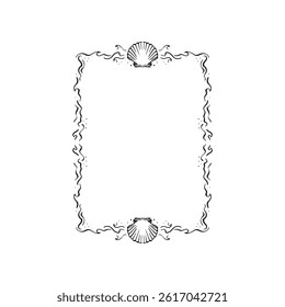 A border featuring shells at the top and bottom and waves breaking and sea around the edge. Black and white illustration in doodle style. 