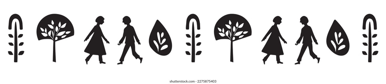 Border of figures and trees for scandi stripe. people in woodland trimming. 