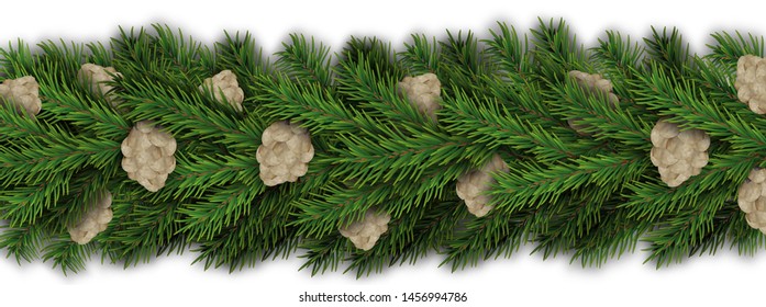 Border with fir branches and pine cones isolated on white background. 3d realistic vector illustration.