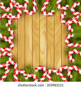 Border Fir Tree with candy on a wooden background.vector