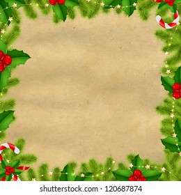 Border Fir-tree Branches With Gold Stars And Old Papper Isolated On White Background With Gradient Mesh, Vector Illustration