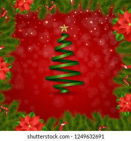Border Fir-tree Branches With Poinsettia With Gradient Mesh, Vector Illustration