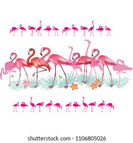 Border with Flamingoes and tropical leaves