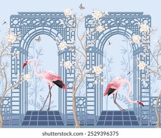 Borde con flamencos, peonías y alcoba en estilo chinoiserie. Vector