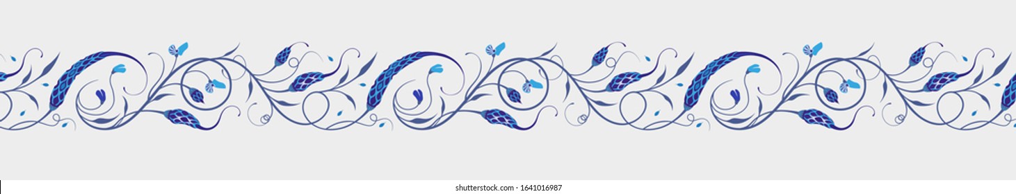 Border floral elegant ornament of fictional plant with blue pods, flowers, tendrils, leaves on thin curly stems. Design for porcelain, ceramics, fabric, wallpaper.