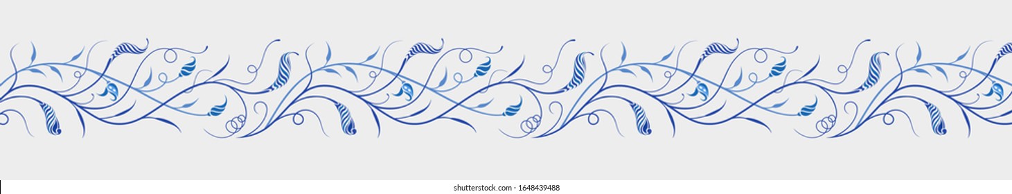 Border Floral Elegant Ornament Of Fictional Plant With Blue Pods, Tendrils, Leaves On Thin Curly Stems. Design For Porcelain, Ceramics, Fabric, Wallpaper.