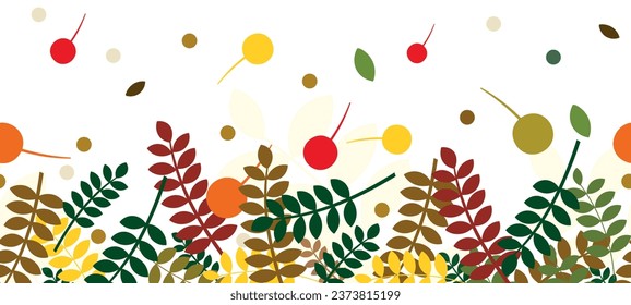 Border of flowering leaves, background of orange, brown, warm leaves, seamless pattern of autumn leaves for textile design and packaging.
