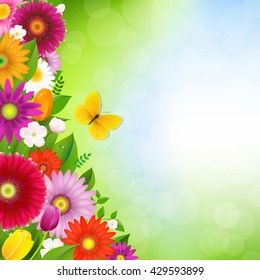 Border Flowers With Butterfly With Gradient Mesh, Vector Illustration