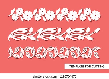 Border with flowers, leaves and branches. Floral frame. Template for laser cut, wood carving, paper cutting and printing. Vector illustration.