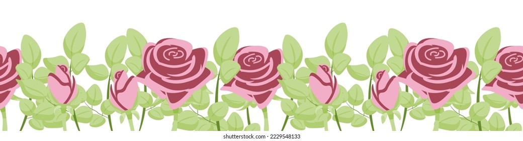 borde de flores y hojas. El diseño de un cartel horizontal con rosas resaltadas sobre un fondo blanco. ilustración vectorial plana