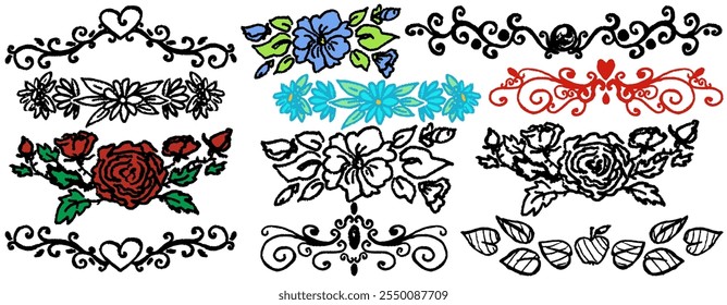 Border, flowers, leaves, spirals. Hand draw with texture, ink. Vector, isolated.