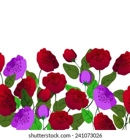 A border of flowers. Vector red flowers isolated on white background.