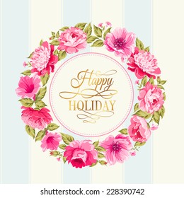 Border of flowers in vintage style with happy holiday text. Vector illustration.