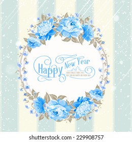 Border of flowers in vintage style with happy holiday text. Vector illustration.