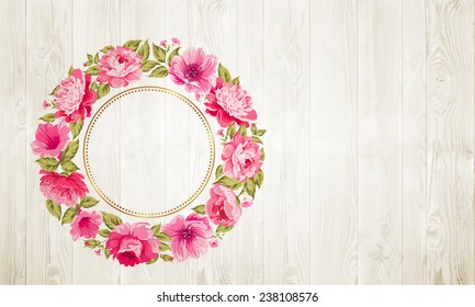 Border of flowers in vintage style over wooden texture. Vector illustration.