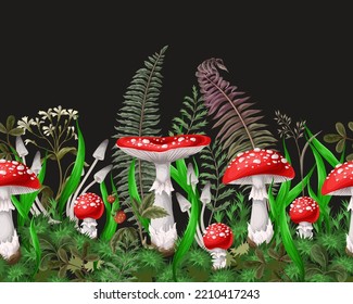 Border with fly agaric, other mushrooms and plants. Vector.