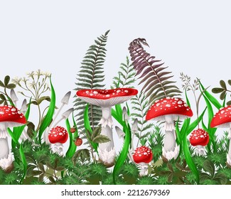 Border with fly agaric, other mushrooms and plants. Vector.