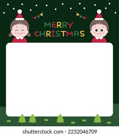 Border frame background for Christmas concept. It is snowing and there are two preschool children, a boy and a girl. It says 'Merry Christmas'
