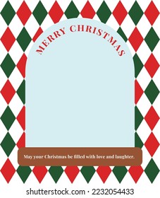 Border frame background for December winter festive Christmas concept. It has a red and green combination of rhombus patterns and a 'Merry Christmas' typography.
