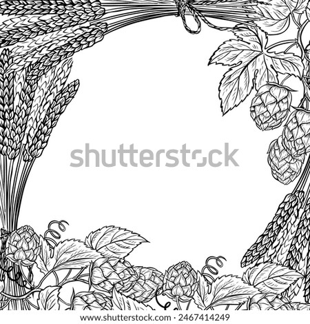 Border frame with barley, grain malt, hops. Ingredients for brewing. An illustration with black and white vector graphics. For the design of labels, packages, poster about beer production, oktoberfest