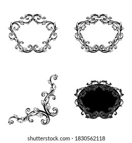 Border and frame with baroque style. Ornament elements for your design. Black and white color.