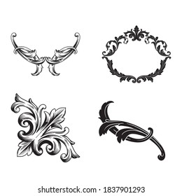 Border and Frame with baroque style. Ornament elements for your design. Black and white color.