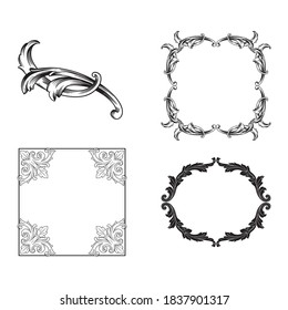 Borde y marco de estilo barroco. Elementos decorativos para su diseño. Color blanco y negro.