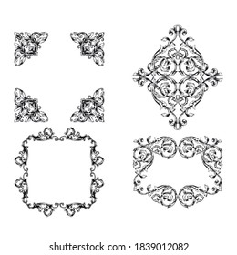 Border and Frame with baroque style. Ornament elements for your design. Black and white color. Floral engraving decoration for postcards or invitations for social media.