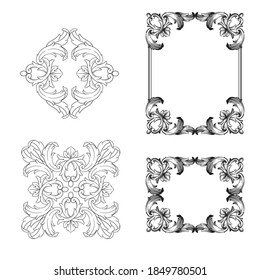 Borde y marco de estilo barroco. Elementos decorativos para su diseño. Color blanco y negro. Decoración de grabaciones florales para postales o invitaciones para medios sociales.