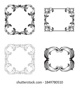 Border and Frame with baroque style. Ornament elements for your design. Black and white color. Floral engraving decoration for postcards or invitations for social media.