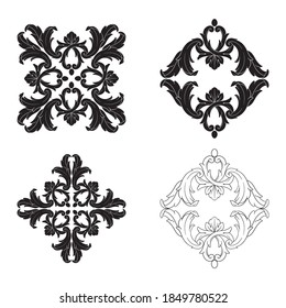 Border and Frame with baroque style. Ornament elements for your design. Black and white color. Floral engraving decoration for postcards or invitations for social media.