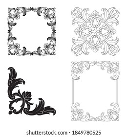 Border and Frame with baroque style. Ornament elements for your design. Black and white color. Floral engraving decoration for postcards or invitations for social media.