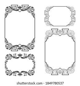 Border and Frame with baroque style. Ornament elements for your design. Black and white color. Floral engraving decoration for postcards or invitations for social media.