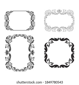 Border and Frame with baroque style. Ornament elements for your design. Black and white color. Floral engraving decoration for postcards or invitations for social media.