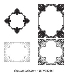 Border and Frame with baroque style. Ornament elements for your design. Black and white color. Floral engraving decoration for postcards or invitations for social media.