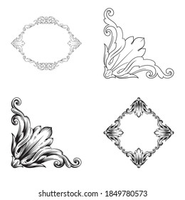 Border and Frame with baroque style. Ornament elements for your design. Black and white color. Floral engraving decoration for postcards or invitations for social media.