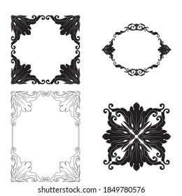 Border and Frame with baroque style. Ornament elements for your design. Black and white color. Floral engraving decoration for postcards or invitations for social media.