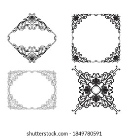 Border and Frame with baroque style. Ornament elements for your design. Black and white color. Floral engraving decoration for postcards or invitations for social media.