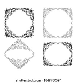 Border and Frame with baroque style. Ornament elements for your design. Black and white color. Floral engraving decoration for postcards or invitations for social media.