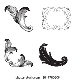 Border and Frame with baroque style. Ornament elements for your design. Black and white color. Floral engraving decoration for postcards or invitations for social media.