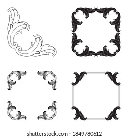 Border and Frame with baroque style. Ornament elements for your design. Black and white color. Floral engraving decoration for postcards or invitations for social media.