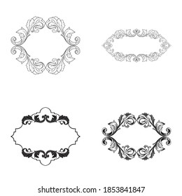 Border and Frame with baroque style. Ornament elements for your design. Black and white color. Floral engraving decoration for postcards or invitations for social media.