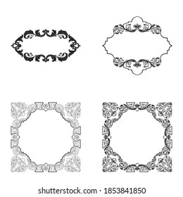 Border and Frame with baroque style. Ornament elements for your design. Black and white color. Floral engraving decoration for postcards or invitations for social media.