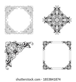Border and Frame with baroque style. Ornament elements for your design. Black and white color. Floral engraving decoration for postcards or invitations for social media.
