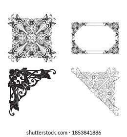 Border and Frame with baroque style. Ornament elements for your design. Black and white color. Floral engraving decoration for postcards or invitations for social media.