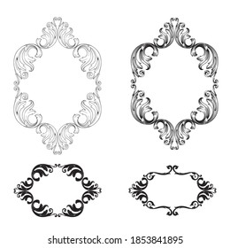 Borde y marco de estilo barroco. Elementos decorativos para su diseño. Color blanco y negro. Decoración de grabaciones florales para postales o invitaciones para medios sociales.