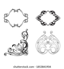 Border and Frame with baroque style. Ornament elements for your design. Black and white color. Floral engraving decoration for postcards or invitations for social media.