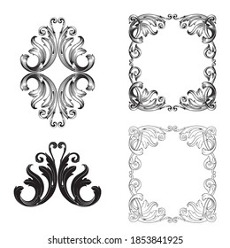Border and Frame with baroque style. Ornament elements for your design. Black and white color. Floral engraving decoration for postcards or invitations for social media.