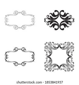 Border and Frame with baroque style. Ornament elements for your design. Black and white color. Floral engraving decoration for postcards or invitations for social media.